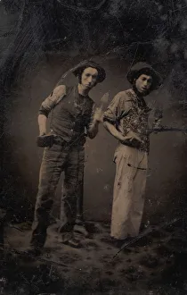Two Bricklayers Holding Bricks and Trowels Print, 1870s-80s