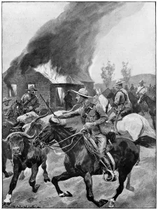 British colonial troops burning a rebel Boers farm, 2nd Boer War 1899-1902 British colonial troops burning a rebel Boers farm, 2nd Boer War 1899-1902