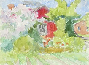 Historic Finnish Architecture Prints: Buildings in the middle of trees, fields in the foreground. Creator: Maria Wiik