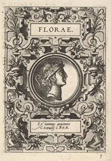White And Black Heritage Images Prints: Bust of Florae surrounded by strapwork, from the series Deorum dearumque