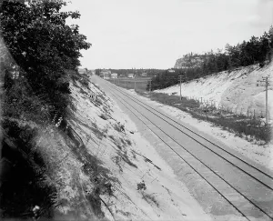 Black And White Railroad Images Prints: Camp Douglas, approaching the camp, between 1880 and 1899. Creator: Unknown