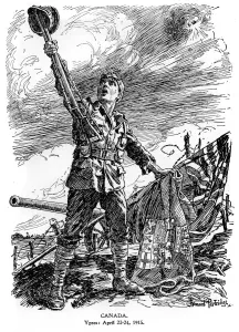 Canada, Ypres, April 23-24 1915, (1920). Artist: Bernard Partridge Canada, Ypres, April 23-24 1915, (1920). Artist: Bernard Partridge