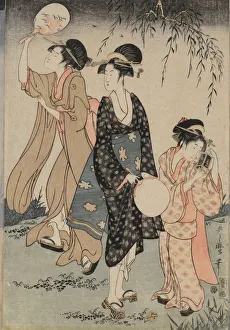 Prints of Catching Fireflies Beneath a Willow Tree (center), c. 1796-1797. A group of women amuse themselves by chasing fireflies next to a stream U Prints: Utamaro's 1796 Print: Women Chase Fireflies Beneath a Willow