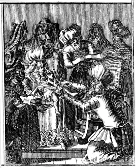Medical Instrument History Prints: Ceremony of Circumcision, Basel, 1739 (first edition 1663). Artist: Jan Leusden