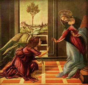 Prints of The Cestello Annunciation, 1489, (1937). The angel Gabriel, holding a stem of lilies, brings the Virgin Mary the news that God has chosen her to bear the Christ child Florence Prints: The Cestello Annunciation, 1489 Print by Sandro Botticelli