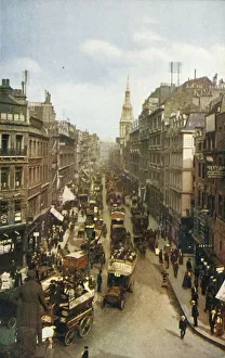 Prints of Cheapside, London, c1910. Looking east, with the spire of St Mary-le-Bow in the distance. In the foreground is a statue of Sir Robert Peel at the junction of Cheapside and St Martins le Grand Robert Peel Prints: Cheapside, London, c1910 Print: A View Looking East