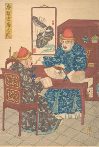 Two Chinese Scholars Practicing Calligraphy in Their Studio, ca. 1840., Creator: Unknown Two Chinese Scholars Practicing Calligraphy in Their Studio, ca. 1840., Creator: Unknown