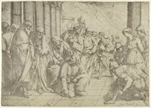 Adulteress Collection: Christ kneels and writes on the pavement at center and a woman taken in adultery by three... 1653
