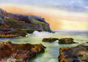 Print of a rugged coastline with a cliff and sea in Northern Ireland