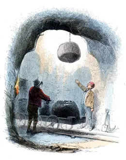 Coal mining: Corves of coal being sent to the surface, 1852 Print