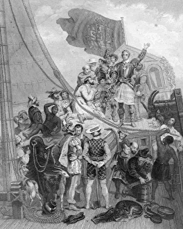 Columbus discovering America, 1492, (19th century).Artist: Holhs Columbus discovering America, 1492, (19th century).Artist: Holhs