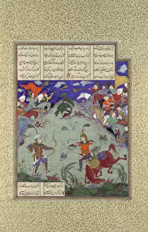 Abu Ol Qasem Mansur Collection: The Combat of Rustam and Ashkabus, Folio 268v from the Shahnama (Book of... ca. 1525-30