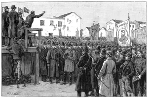 Constabulary guarding a government reporter at a plan of campaign meeting, Ireland, 1887 Constabulary guarding a government reporter at a plan of campaign meeting, Ireland, 1887