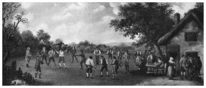 A country cricket match, 19th century (1912).Artist: Henry Dixon A country cricket match, 19th century (1912).Artist: Henry Dixon