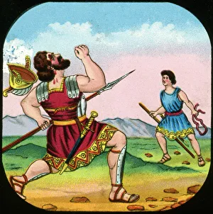 Images Dated 2009 May: David Killing Goliath Print - A stone-slinging scene from the Bible