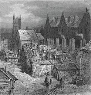 Prints of The Devils Acre-Westminster, 1872. Devils Acre, a Victorian slum near Westminster Abbey had a high rate of mortality from diseases such as typhoid. From, LONDON Gustave Dore Prints: The Devils Acre - Westminster, 1872 Print by Gustave Doré