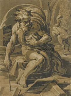 Diogenes, seated before his barrel, reading from a book, a plucked hen standing beh Diogenes, seated before his barrel, reading from a book, a plucked hen standing beh