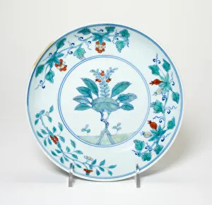 Antique Porcelain Collection Prints: Dish with Grape, Cherry, and Pomegrenate Stems, Qing dynasty (1644-1911), c. 18th century