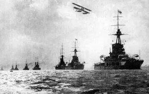 Dreadnoughts and hydroplane, British Grand Fleet, North Sea, First World War, 1914 Dreadnoughts and hydroplane, British Grand Fleet, North Sea, First World War, 1914