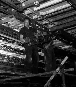 Industrial Building Site Prints: Engineers lifting steelwork into position, South Yorkshire, 1954. Artist: Michael Walters