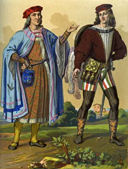 An English courtier of 1450 and an English gentleman of 1500 (1849).Artist: Edward May An English courtier of 1450 and an English gentleman of 1500 (1849).Artist: Edward May