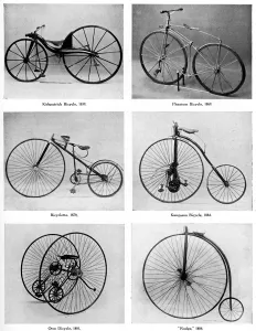 Print of early bicycle models, 19th century