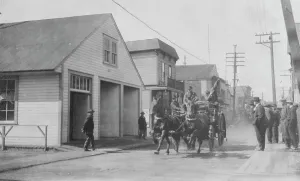 Vintage American Street Scenes Prints: Fire drill, between c1900 and 1916. Creator: Unknown