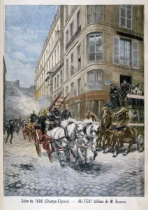 Historic Firefighting Equipment Prints: Fire engine on the way to a fire, Paris, 1896. Artist: G Busson