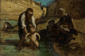 Motherly Love Images Prints: The first bath, c1852. Creator: Daumier, Honore (1808-1879)