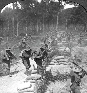 Prints of First line Gurkhas storming and capturing a German trench, World War I, 1914-1918. Stereoscopic card. Detail World War I And II Prints: First Line Gurkhas Storming a German Trench Print, WWI