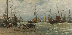 Heritage Oil On Canvas Prints: Fishing Pinks in Breaking Waves, c.1875-c.1885. Creator: Hendrik Willem Mesdag