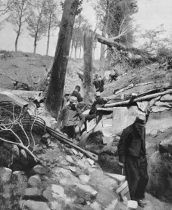 French soldiers going through a trench after a heavy German bombardment, World War I, 1915 French soldiers going through a trench after a heavy German bombardment, World War I, 1915