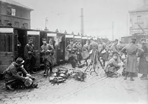 French troops leaving train, Print