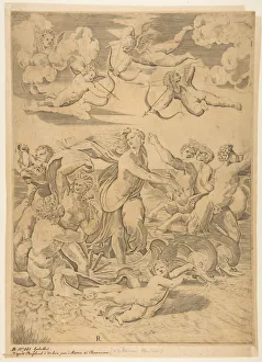 Italian Black And White Art Prints: Galatea riding in a shell pulled through the water by dolphins, a cupid below and f