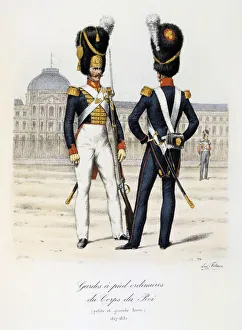 Gardes a pied ordinaires du Corps de Roi, petite and grande tenue, 1817-30 Artist: Eugene Titeux Gardes a pied ordinaires du Corps de Roi, petite and grande tenue, 1817-30 Artist: Eugene Titeux