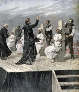 Garrotting of anarchists in Xeres, Spain, 1892. Artist: Henri Meyer Garrotting of anarchists in Xeres, Spain, 1892. Artist: Henri Meyer
