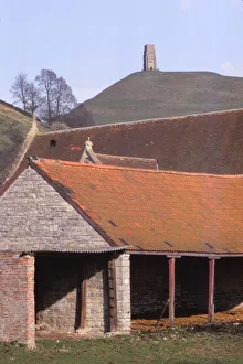 Somerset Countryside Prints: GlastonburyTor and ancient Tithebarn in foreground
