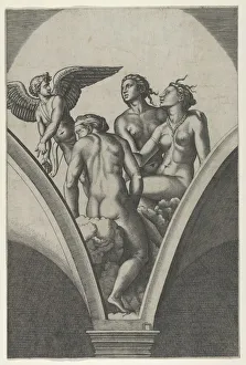 Renaissance Black And White Prints: The Three Graces sitting on clouds