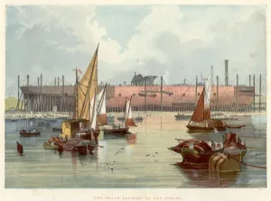 Print of the Great Eastern on the stocks at Millwall, 1857