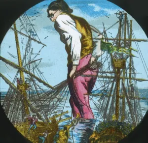 Gulliver captures the Blefuscudians ships, lantern slide, late 19th century Gulliver captures the Blefuscudians ships, lantern slide, late 19th century