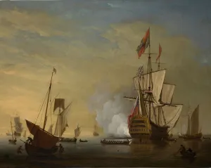 Harbor Scene: An English Ship with Sails Loosened Firing a Gun. Creator: Peter Monamy Harbor Scene: An English Ship with Sails Loosened Firing a Gun. Creator: Peter Monamy