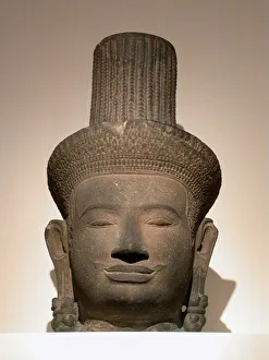 Buddhist Deity Statue Prints: Head of a Male Deity (Deva), Angkor period, 10th / 11th century. Creator: Unknown