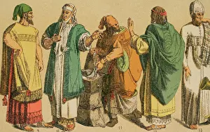 Prints of Hebrews, 1881. From left to right, 9-10-11: wealthy costumes in the time of David and Solomon, 12: Latin-Hebrew dress, 13: priest's vestment Cantu Prints: Hebrews Costume Print, 1881