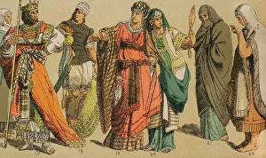 Prints of Hebrews, 1881. From left to right; 17: wealthy costumes in the time of David and Solomon, 18: warrior costume, 19-20: ladies clothing, 21: Hebrew woman in street clothes Cantu Prints: Hebrews Costume Print, 1881