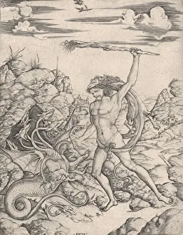 Hercules and the Hydra; wielding a torch he attacks the winged, multi-headed Hydr..., ca Hercules and the Hydra; wielding a torch he attacks the winged, multi-headed Hydr..., ca