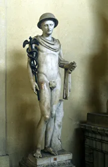 Prints of Hermes, Greek god. Marble statue of Hermes (Mercury in the Roman pantheon), messenger of the gods, god of roads and travellers, holding his caduceus or heralds staff Greece Prints: Hermes Marble Print