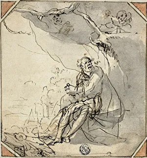 Antique Italian Artwork Prints: Hermit Saint in Cave, n.d. Creator: Unknown