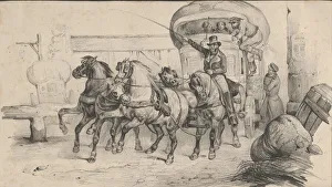 Five Horses Pulling a Carriage, Mid-19th Century Print