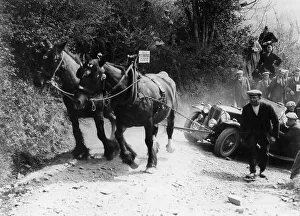 Vintage Car Transport Prints: Horses pulling an MG up a hill, c1936
