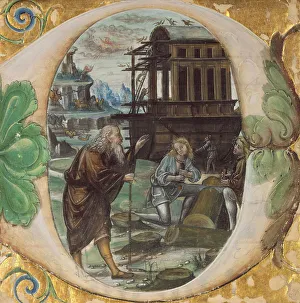 Illuminated Manuscript Examples Prints: Initial D: Noah Directing the Construction of the Ark; Antiphonal